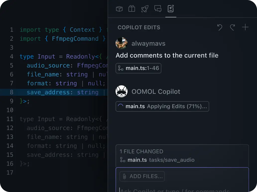 Based on Visual Studio Code with code completion, highlighting, and AI tips.